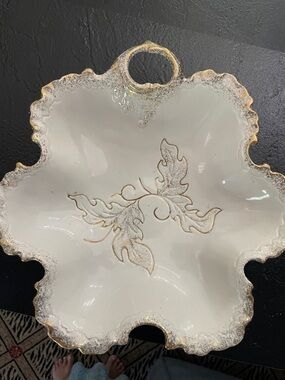 Ornate White and Gold Decorative Serving Bowl